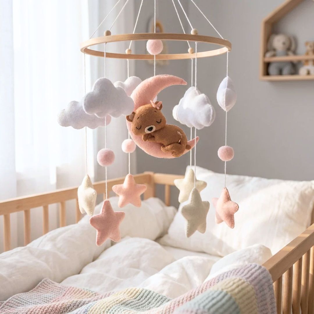 Baby cot mobile with plush teddy and stars hanging over a cot in a nursery