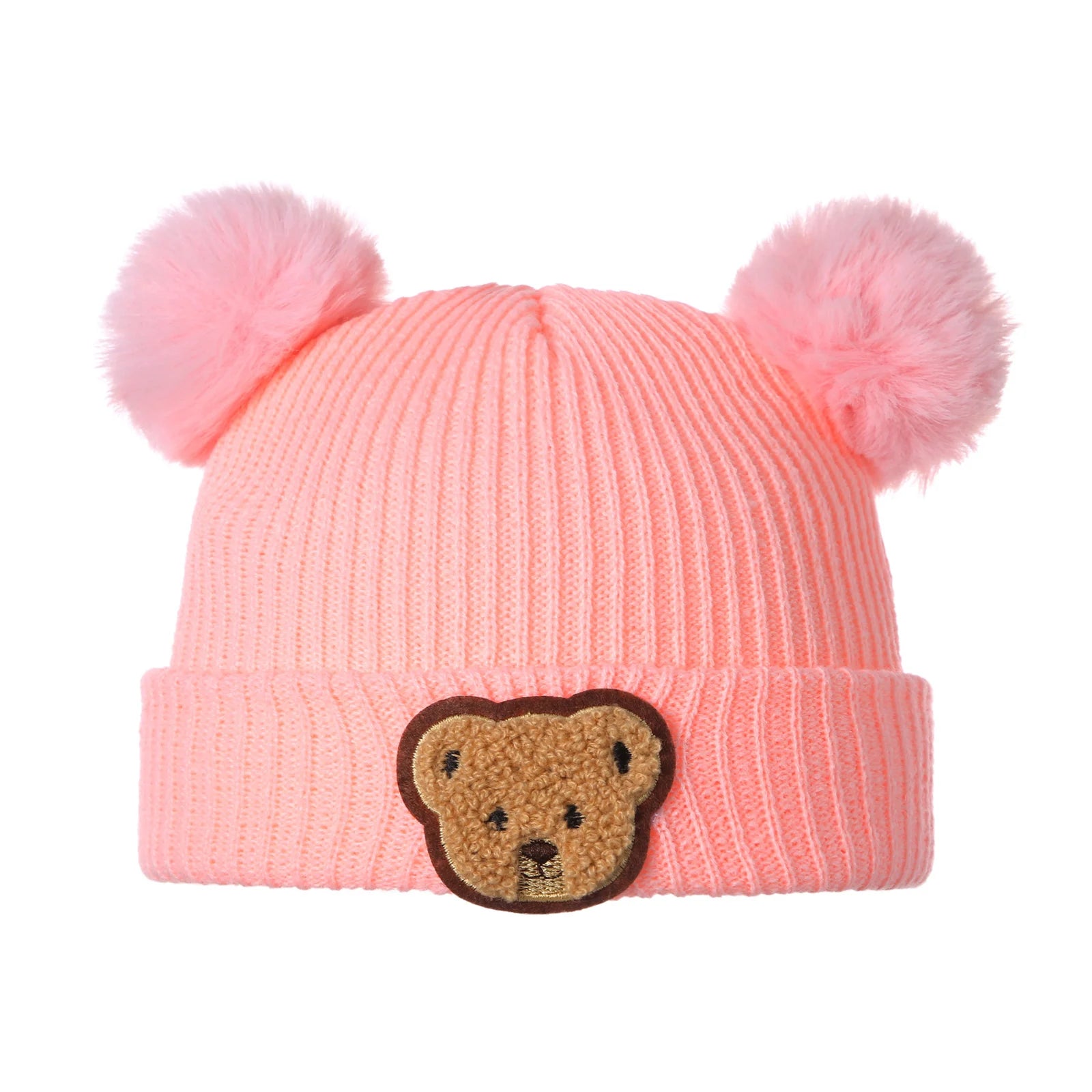 Pink baby beanie with two pom poms and teddy bear patch