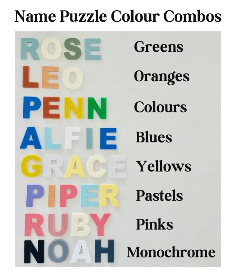 Colour options for personalised name puzzle for babies and toddlers