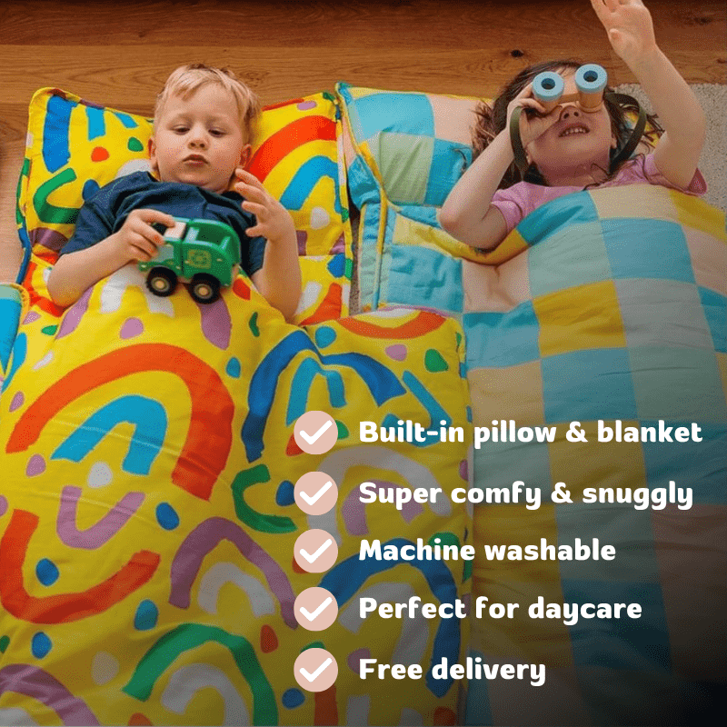 Kids nap mat benefits, showing two children playing in their nap mats from Lulu Babe