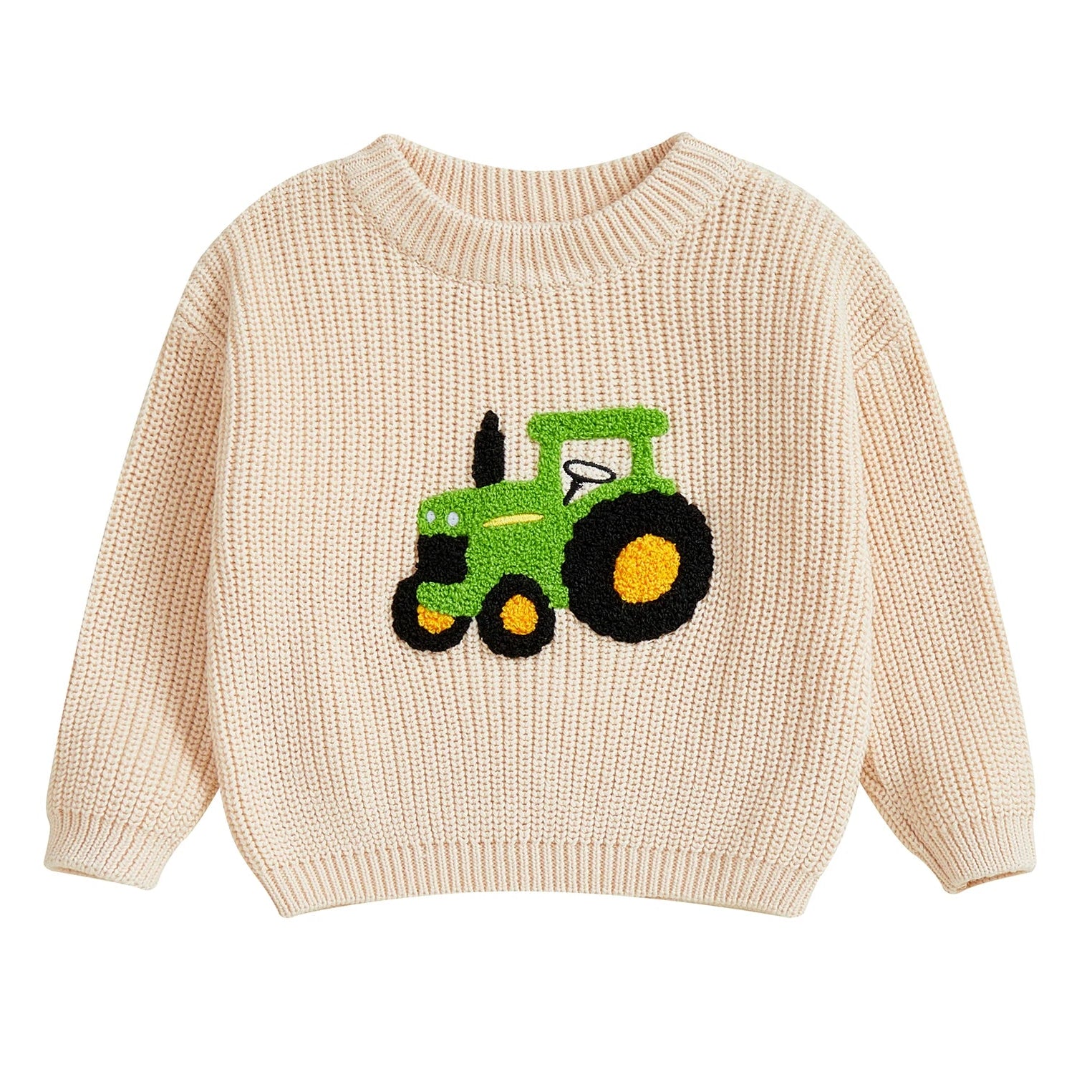 Cream chunky knit baby jumper with large green and yellow chenille tractor appliqué 