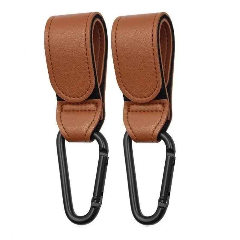Set of two pram clips with tan vegan leather straps and black carabiners - Lulu Babe