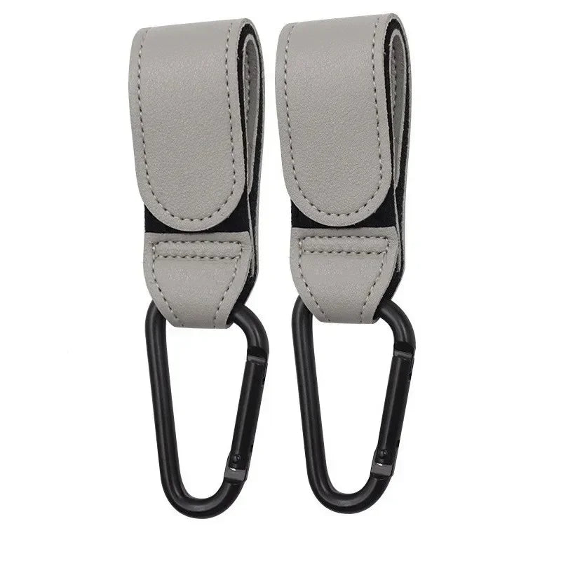 Set of two pram clips with grey vegan leather straps and black carabiners - Lulu Babe