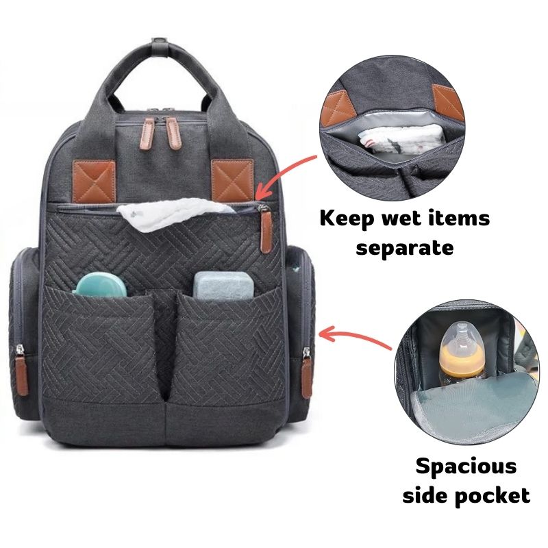 Urban Nappy Backpack showcasing spacious side pocket and compartment for wet items