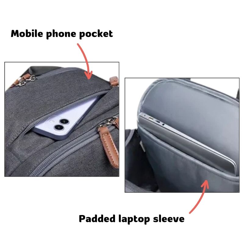 Urban Nappy Backpack features a mobile phone pocket and padded laptop sleeve