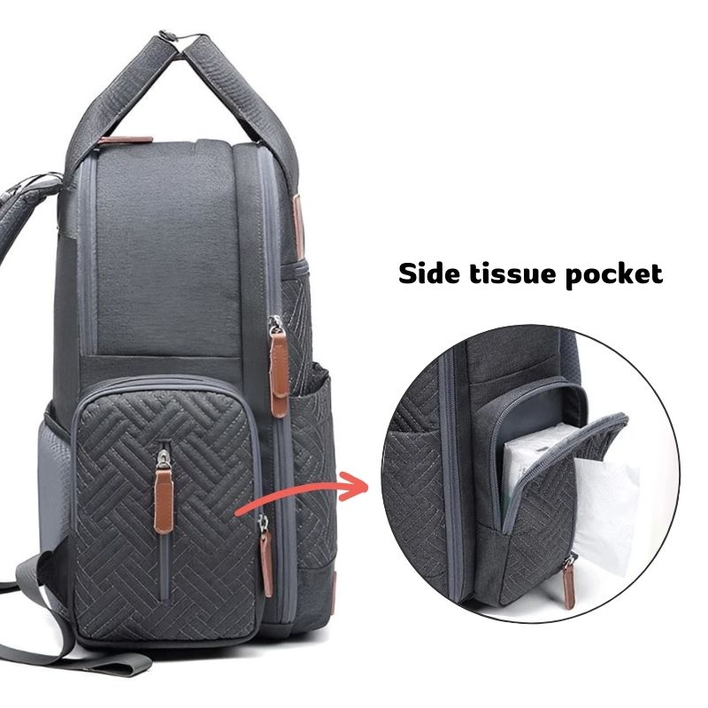 Urban Nappy Backpack showcasing side tissue pocket for easy access and convenience.