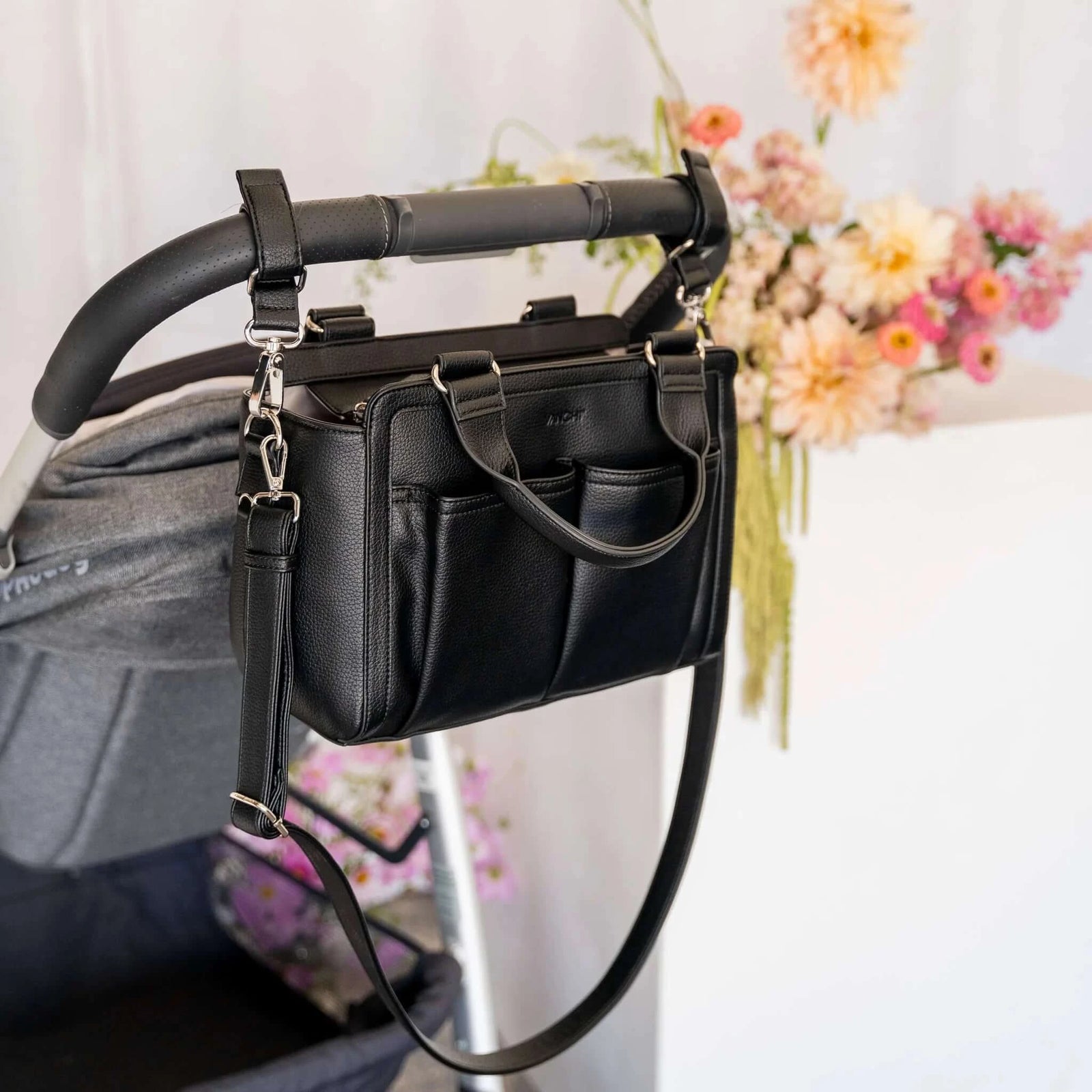 VANCHI Amelia Convertible Pram Caddy Black | Shoulder Bag & Pram Organiser