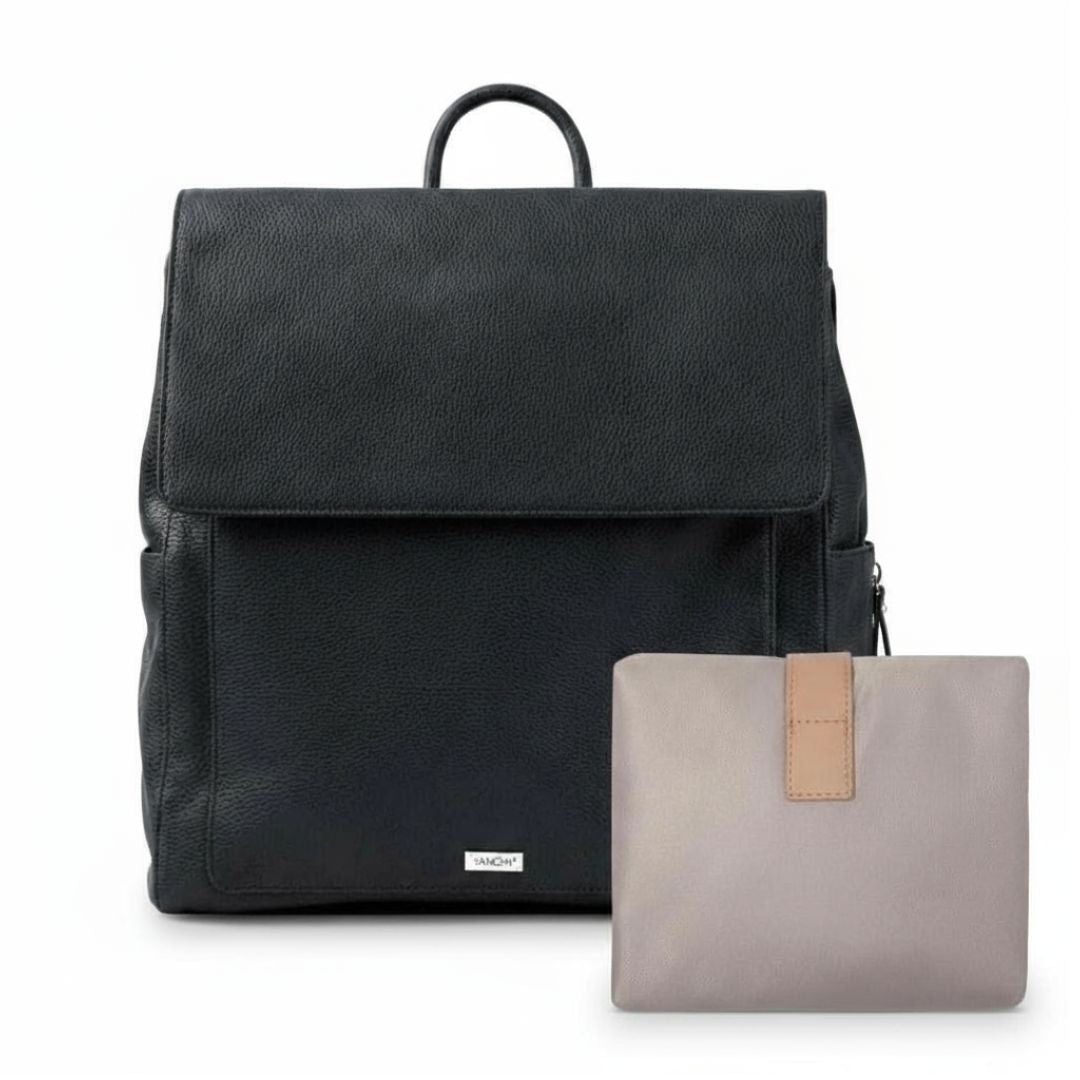 VANCHI Emmy nappy backpack with change mat, in black vegan leather - Lulu Babe