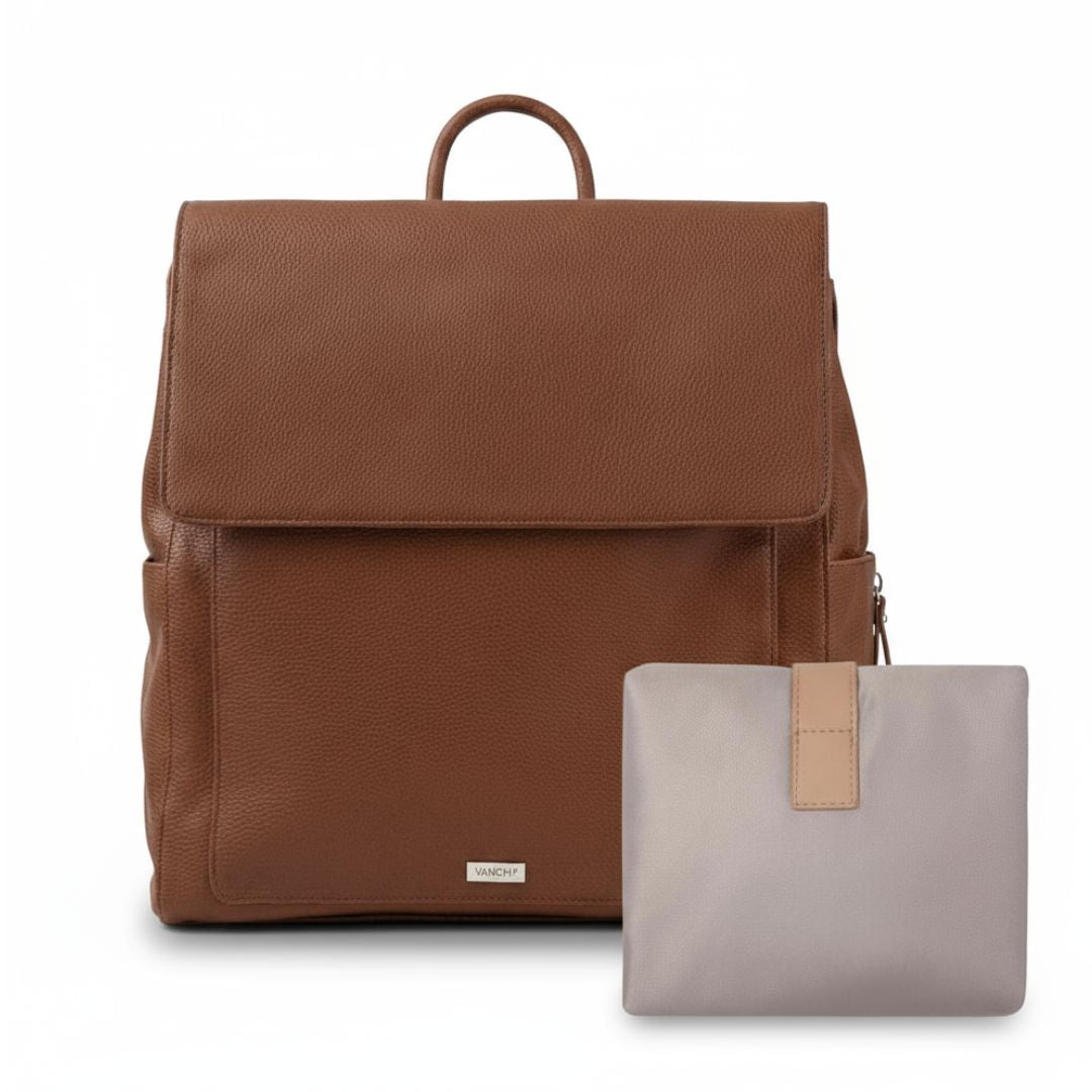 VANCHI Emmy nappy backpack with change mat, in tan vegan leather - Lulu Babe