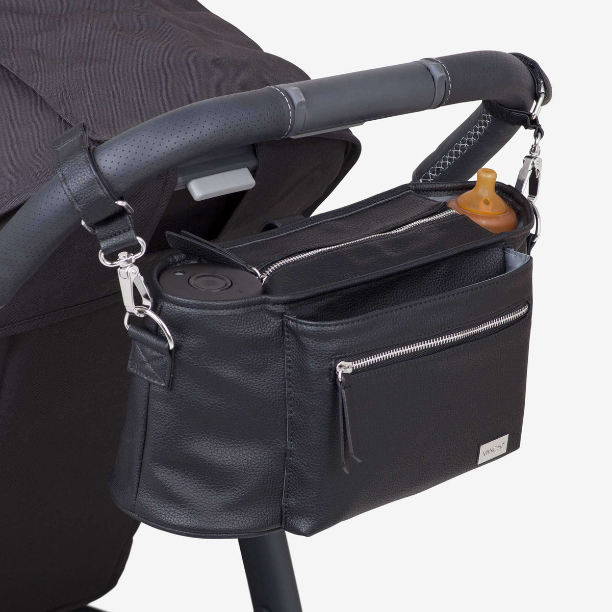 VANCHI Pram Caddy Black | Stroller Organiser with Free Pram Clips