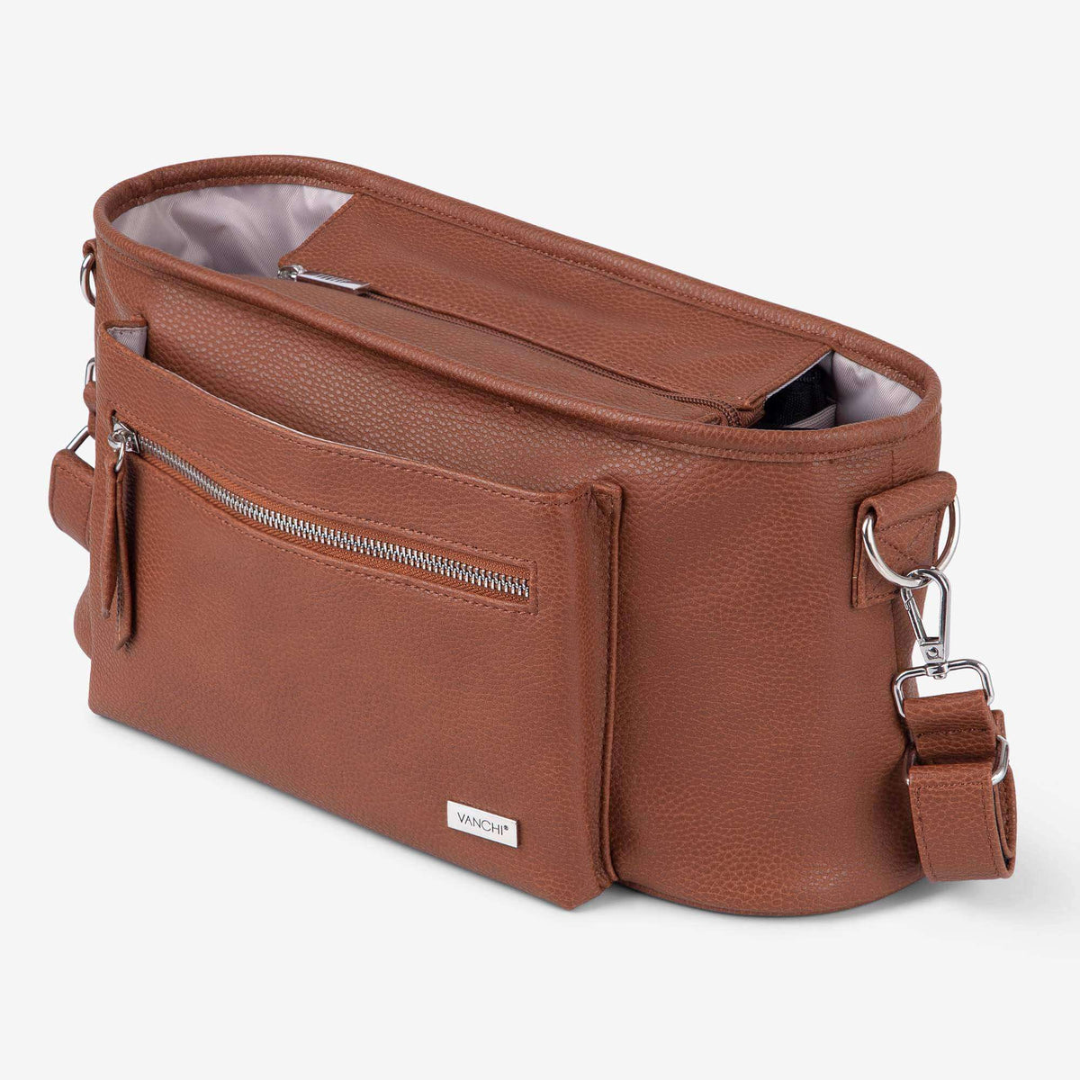 VANCHI Pram Caddy Tan | Stroller Organiser with Free Pram Clips