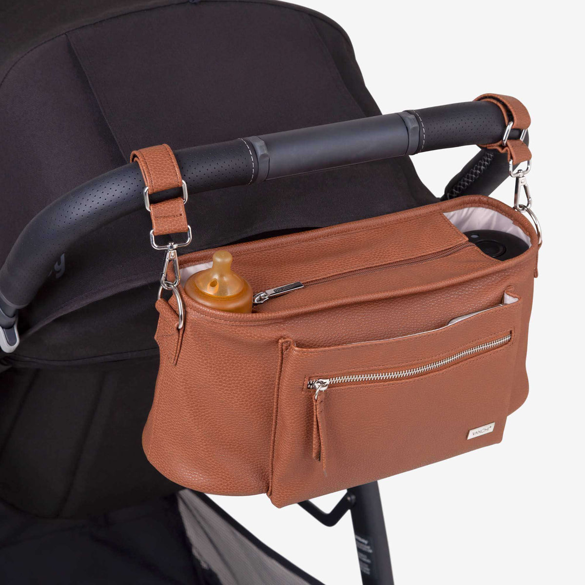 VANCHI Pram Caddy Tan attached to pram