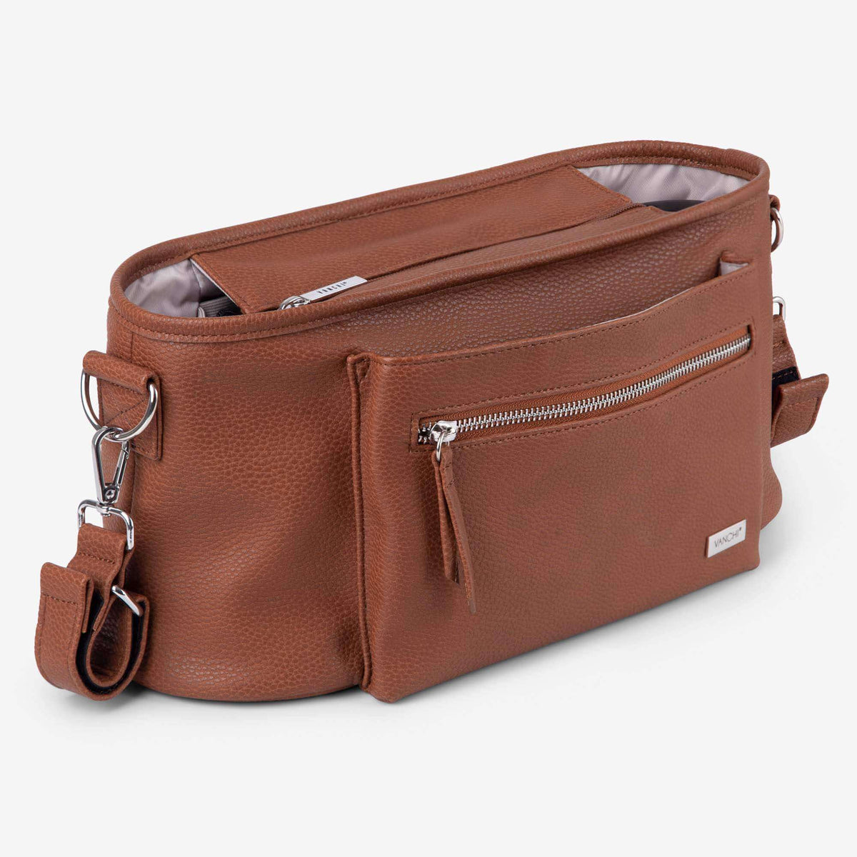 VANCHI Pram Caddy Tan | Stroller Organiser with Free Pram Clips