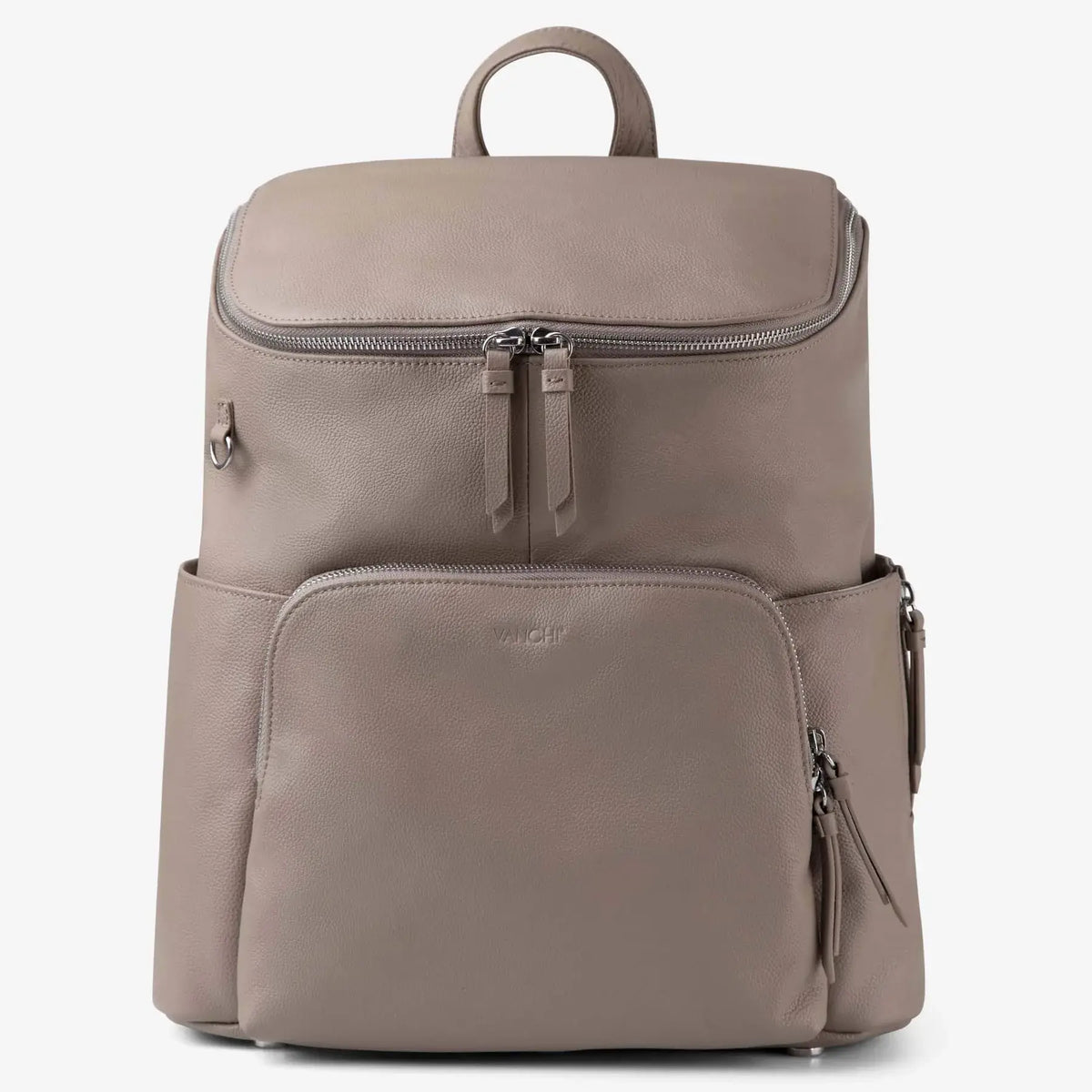 VANCHI Frankie genuine leather nappy backpack in taupe – front view