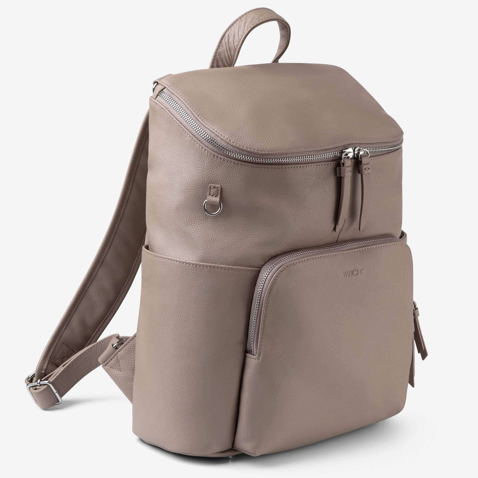 VANCHI Frankie taupe leather backpack with multiple zippered compartments and a top handle