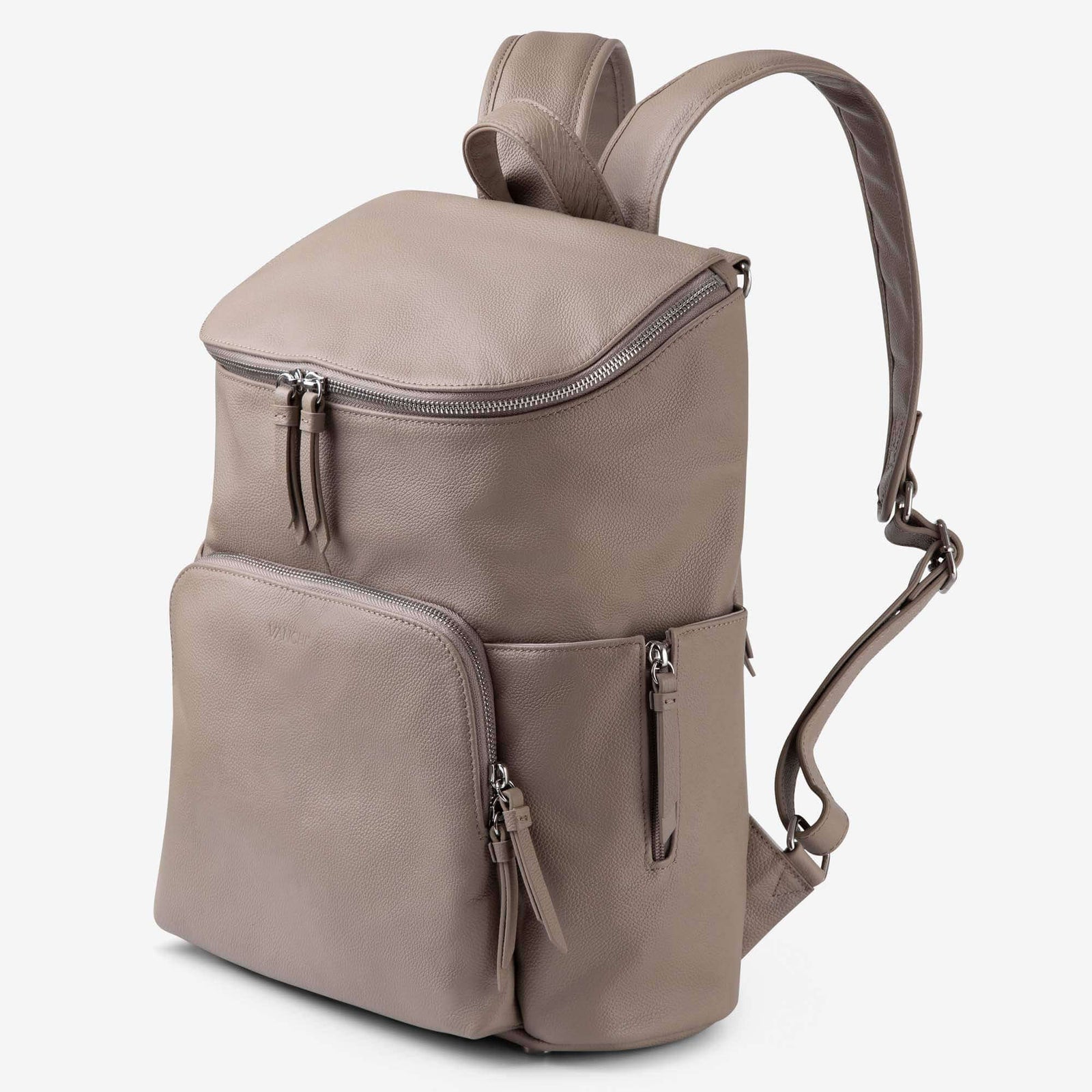 VANCHI Frankie taupe leather backpack – three-quarter view showing padded backpack straps