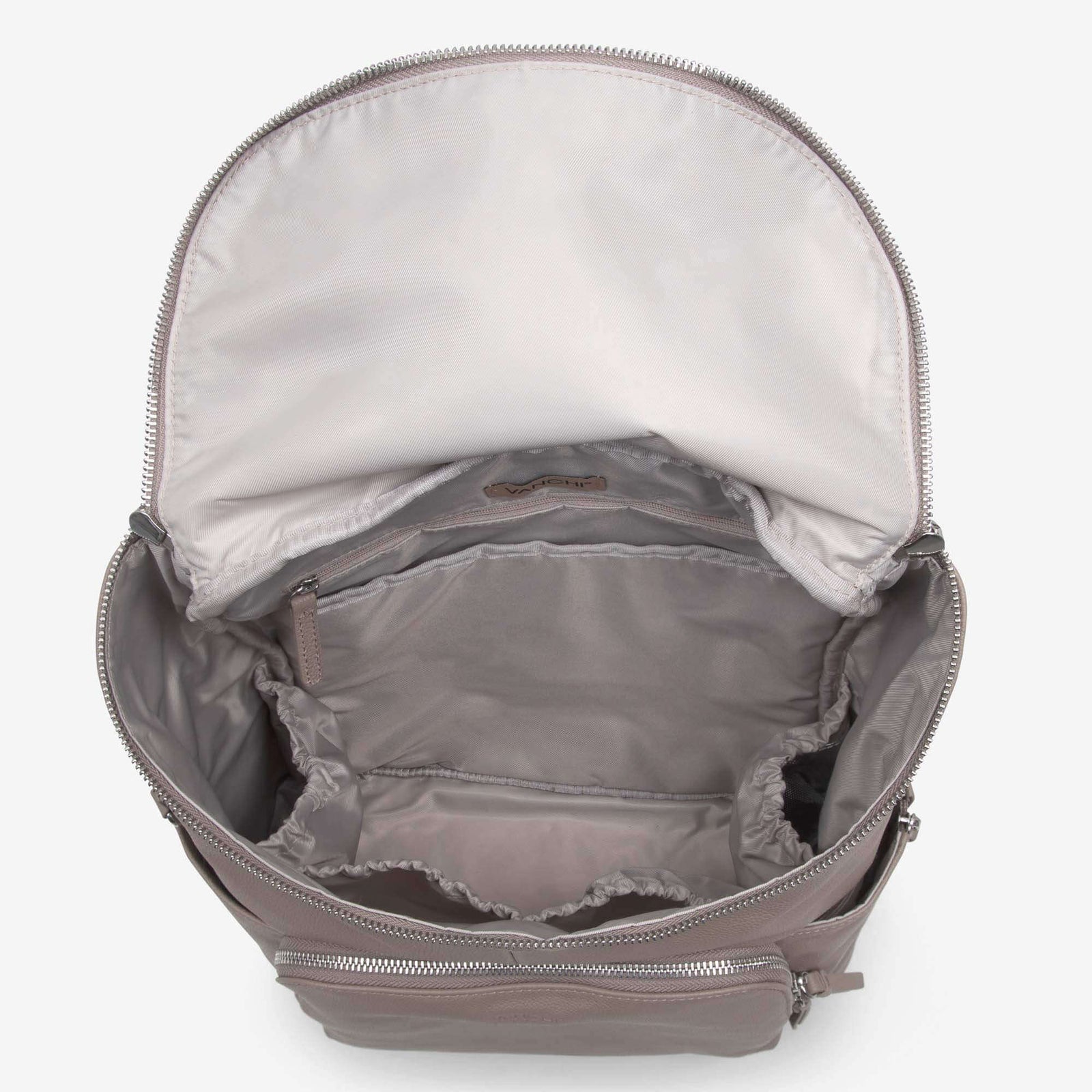 Top view of the Frankie backpack's open main compartment with water-resistant lining