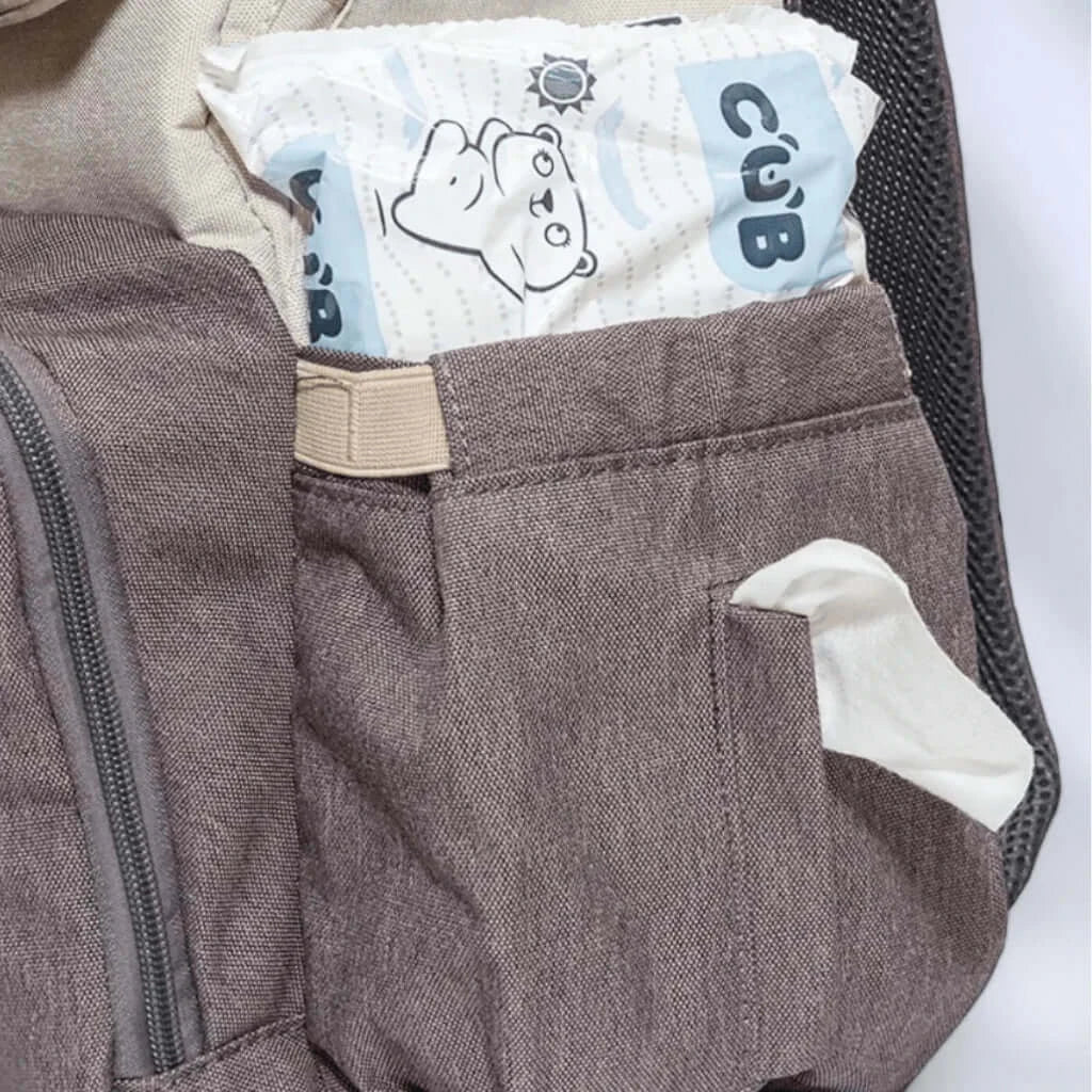Closeup view of Vienna Nappy Backpack showing wipes pocket