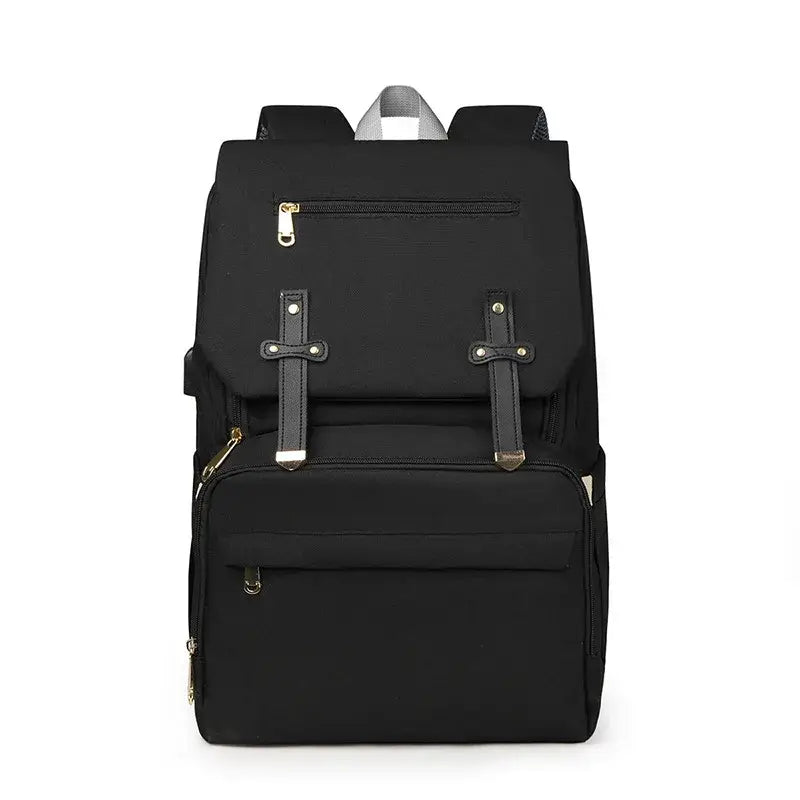 Black unisex Vienna Nappy Backpack with insulated bottle pockets and changing mat, lightweight baby backpack for parents.