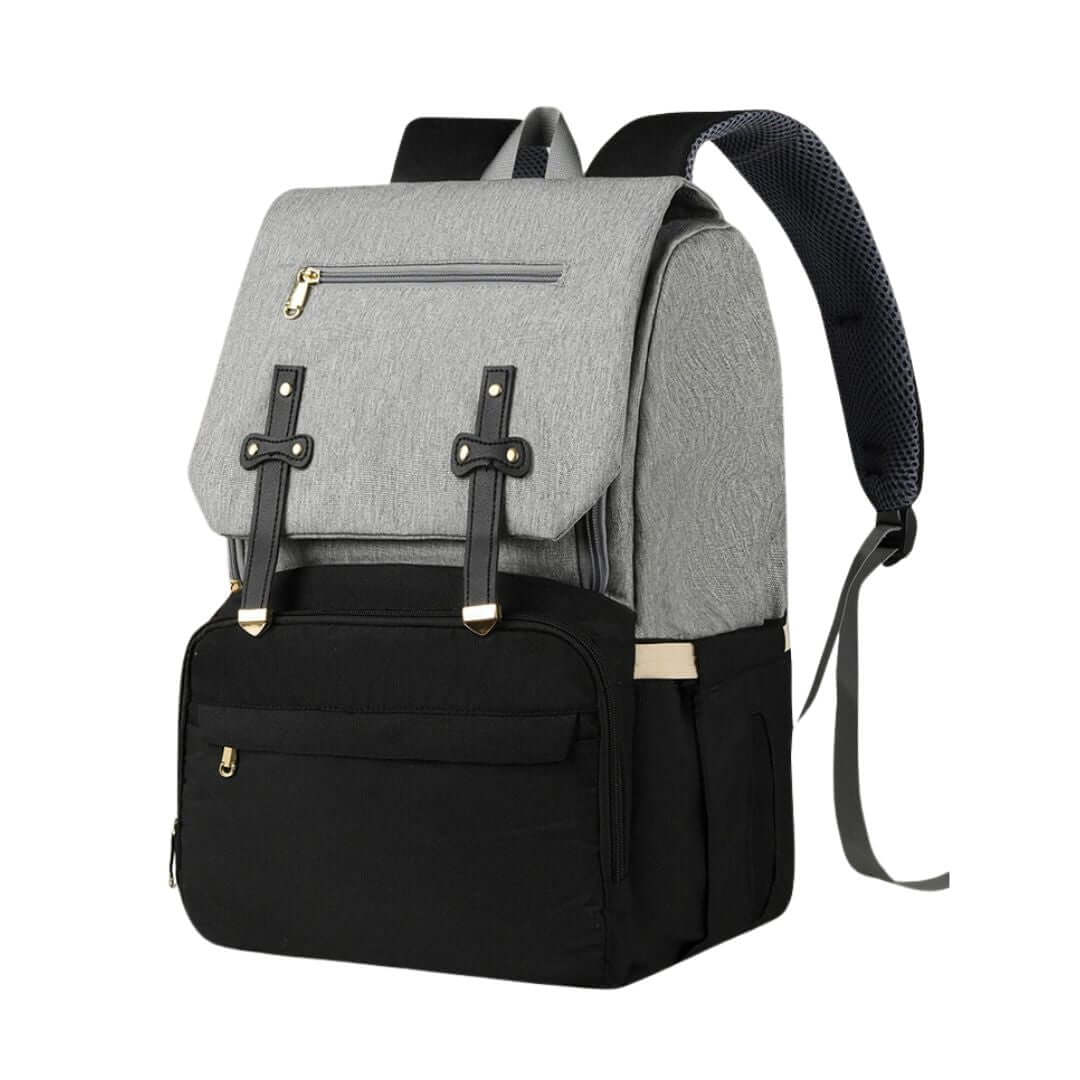 Vienna Nappy Backpack grey and black with insulated bottle pockets, lightweight, unisex design, includes changing mat.
