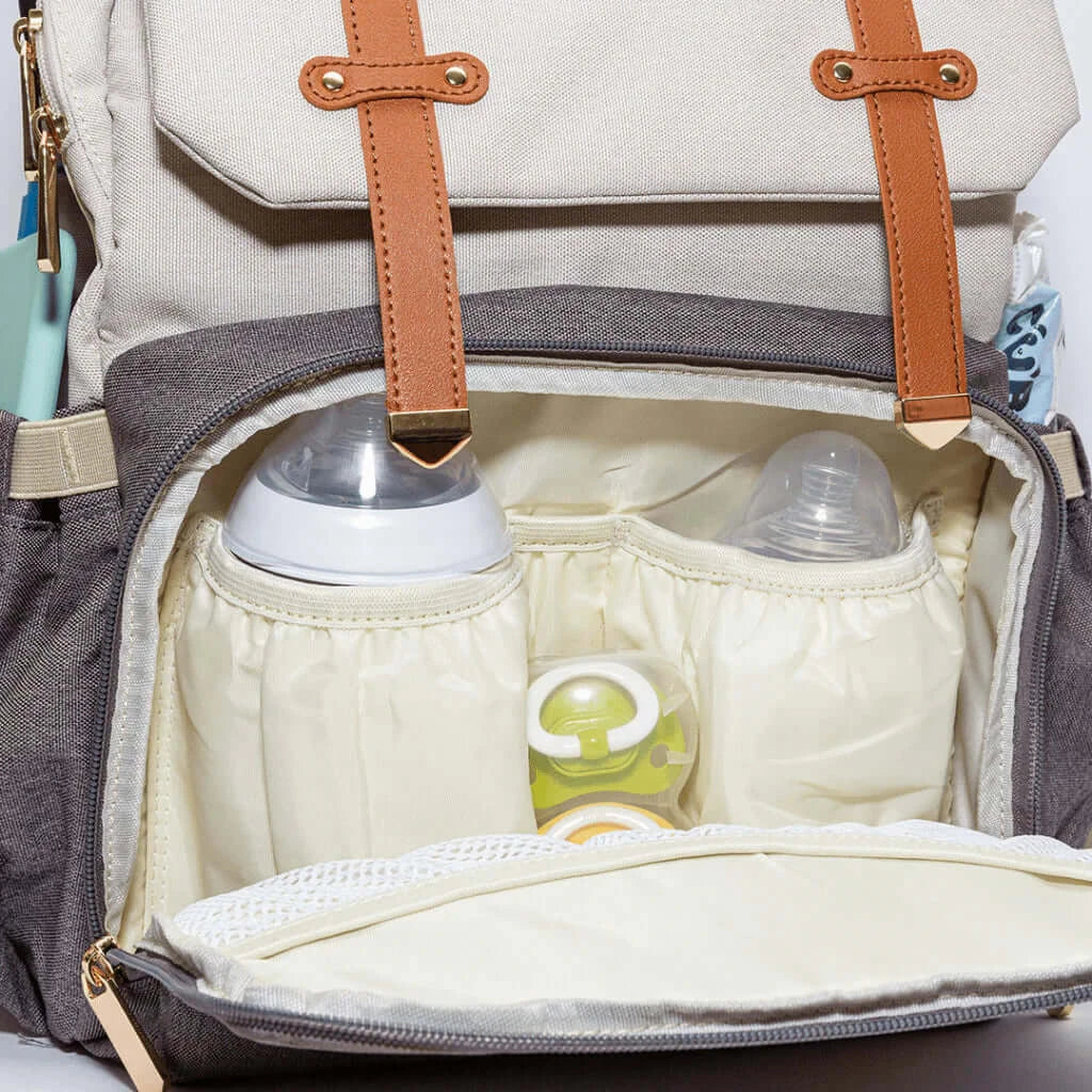 Nappy Backpack -  interior view of front pocket showing insulated bottle pockets