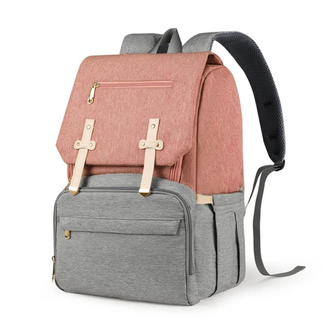 Nappy Backpack in pink and grey, lightweight, unisex design with insulated bottle pockets and changing mat.