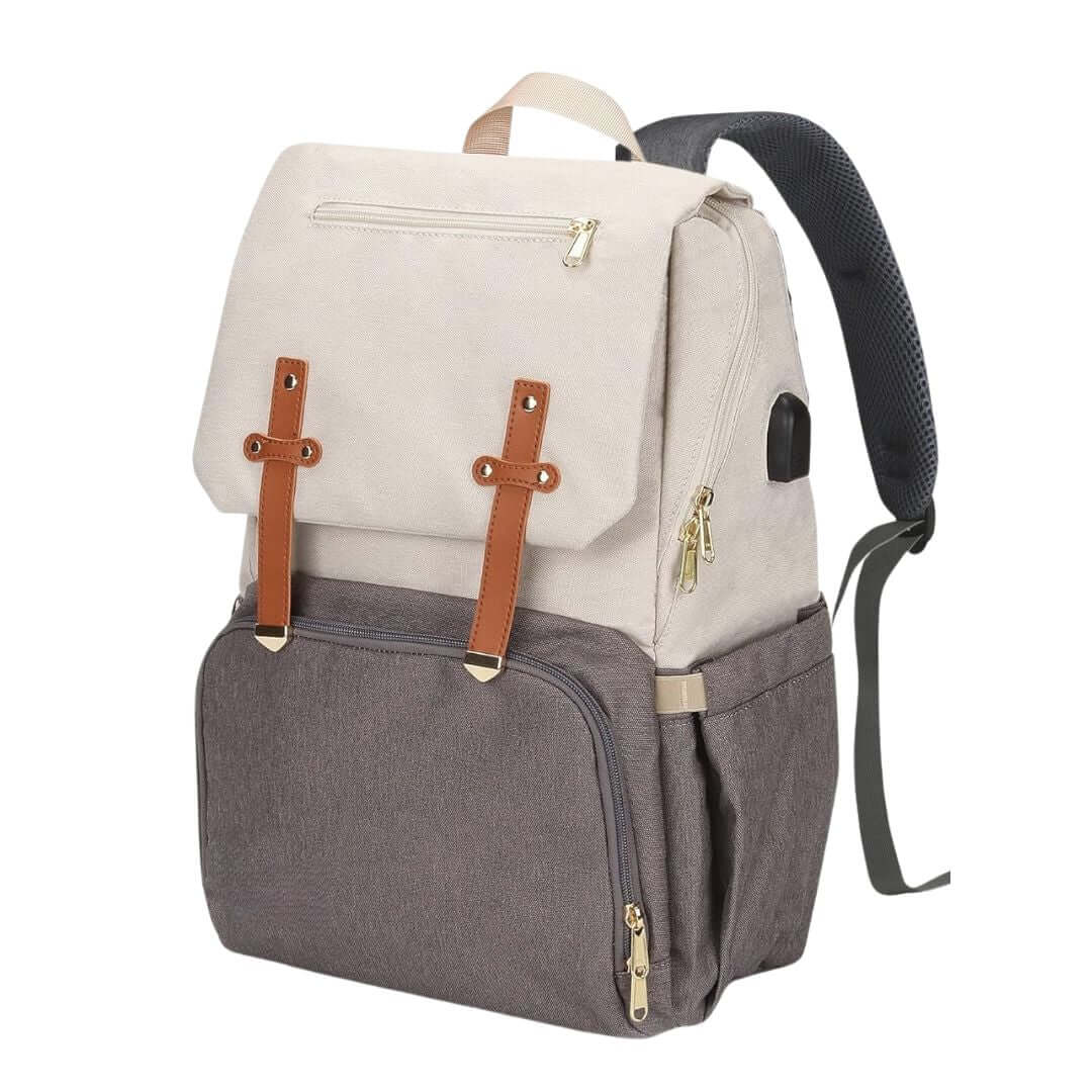 Vienna Nappy Backpack in white and grey, lightweight unisex baby backpack with insulated bottle pockets and changing mat.