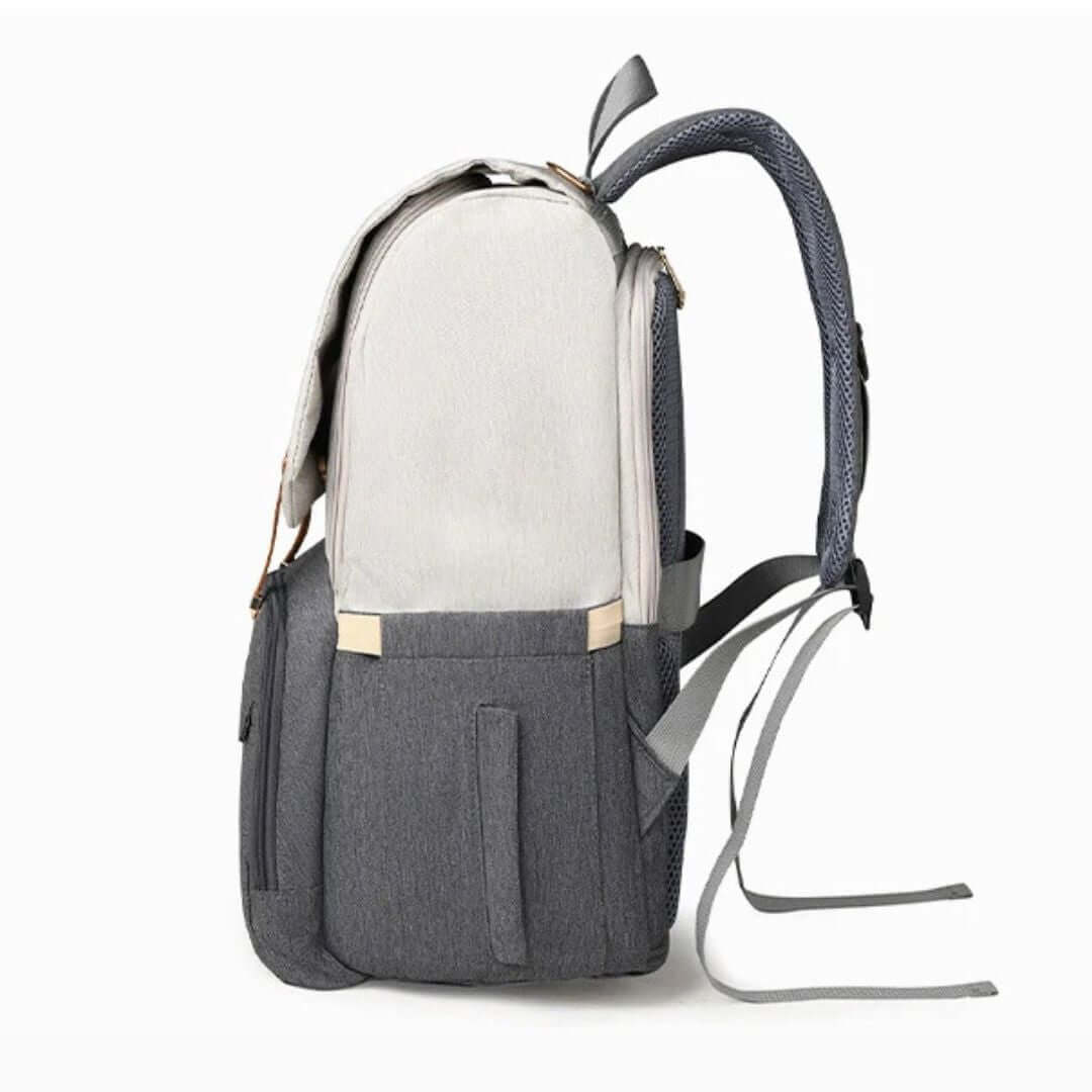 Vienna Nappy Backpack in grey and white, stylish baby backpack with insulated bottle pockets - side view
