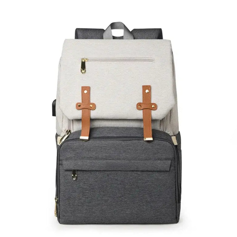 Nappy Bag Backpack in grey and white, featuring insulated bottle pockets, lightweight design, and a changing mat