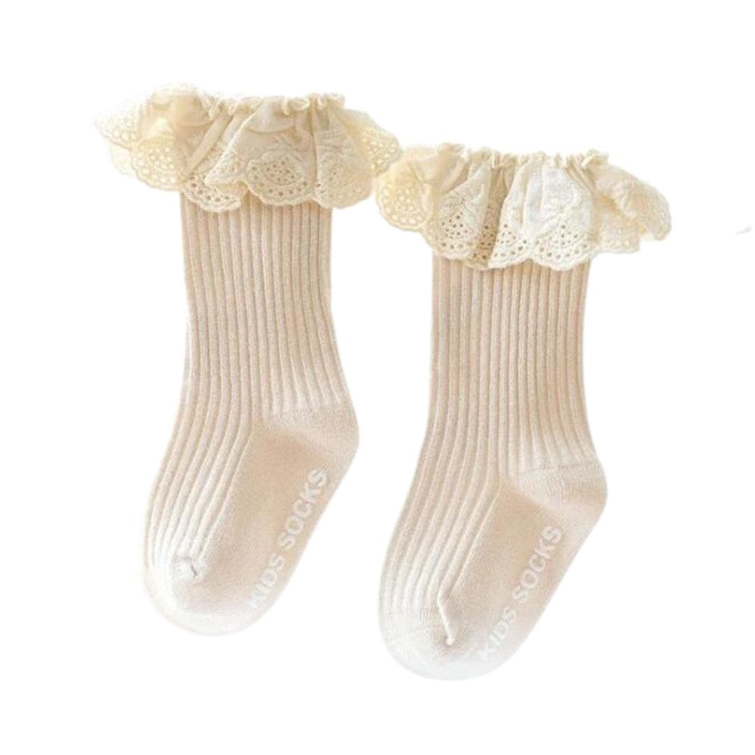 Vintage lace baby socks with ruffle trim in beige