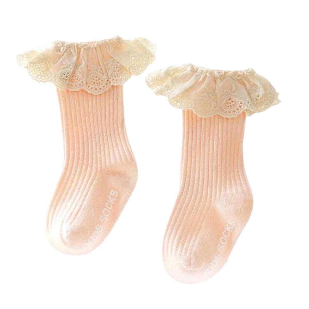 Vintage lace baby socks with ruffle trim in peach