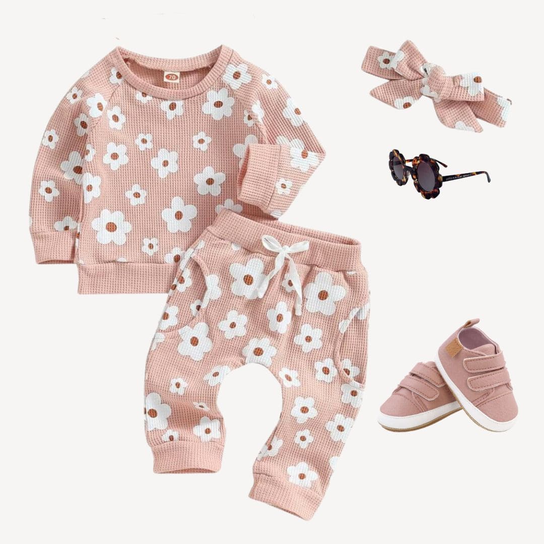 Baby girl outfit idea - waffle floral tracksuit with dusty pink sneakers, sunglasses and matching headband