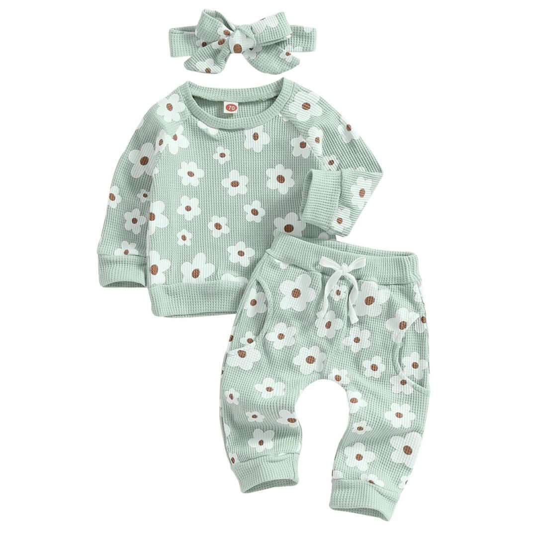 Baby girl outfit in a mint green waffle fabric with floral print - includes a long sleeve pullover top, matching harem pants and headband.