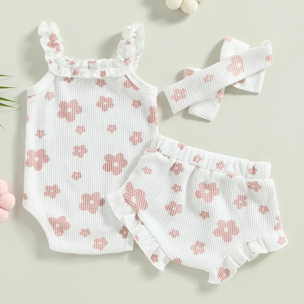 Genevieve Waffle Romper Set in white| Baby Girl Floral Summer Outfit - Lulu Babe