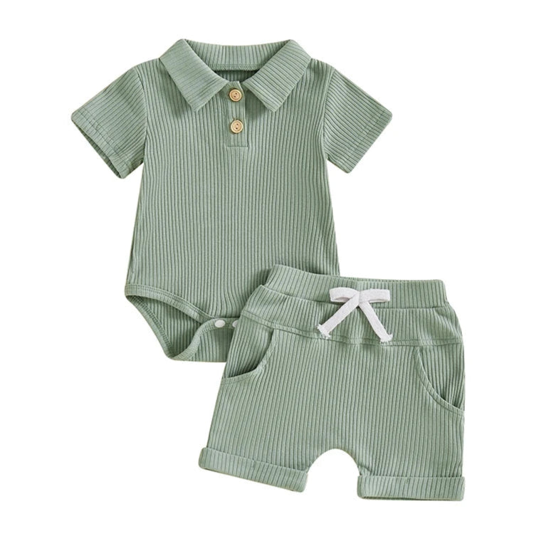 Waffle Polo Shorts Set in Sage Green, featuring soft waffle knit fabric and stylish design for babies 0–18 months.