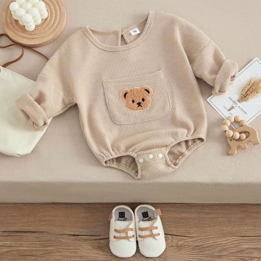 Waffle Teddy Bear Baby Romper and our Emerson Vintage Baby Sneakers