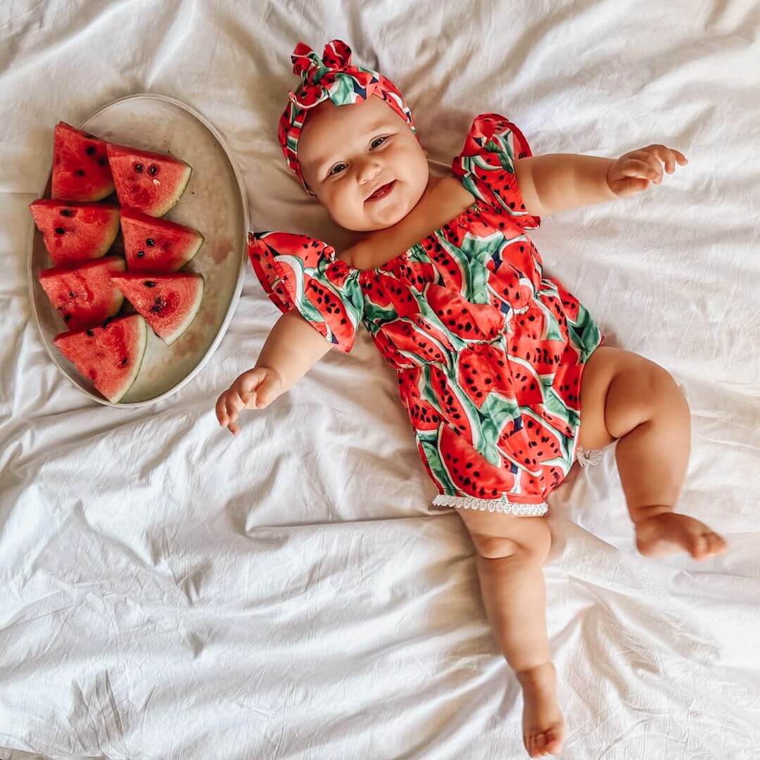 Girl wearing Watermelon Baby Romper from Lulu Babe (in 3-6 months, 6-12 month &  12-18 months, 18-24 months & 2-3 years)