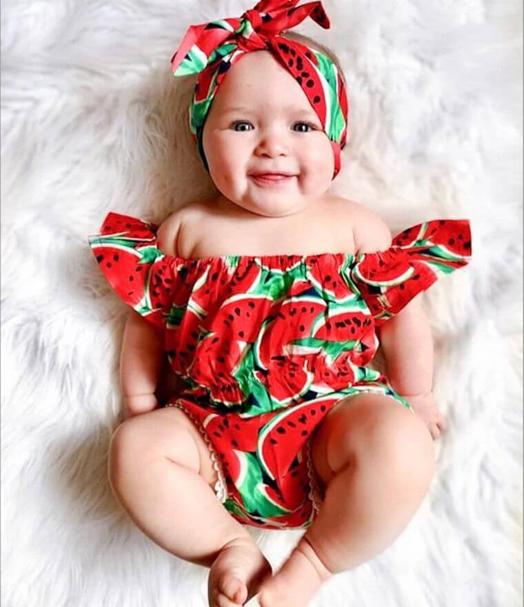 Girl wearing Watermelon Baby Romper from Lulu Babe (in 3-6 months, 6-12 month &  12-18 months, 18-24 months & 2-3 years)