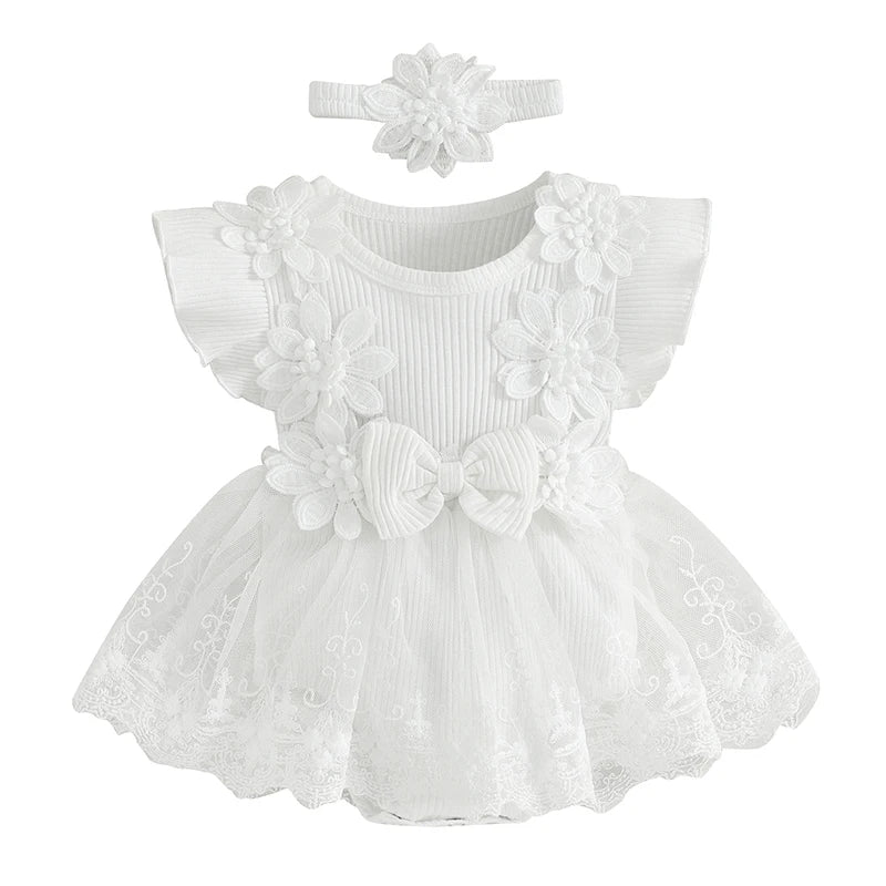 White baby dress with floral details and matching headband - perfect for baptisms