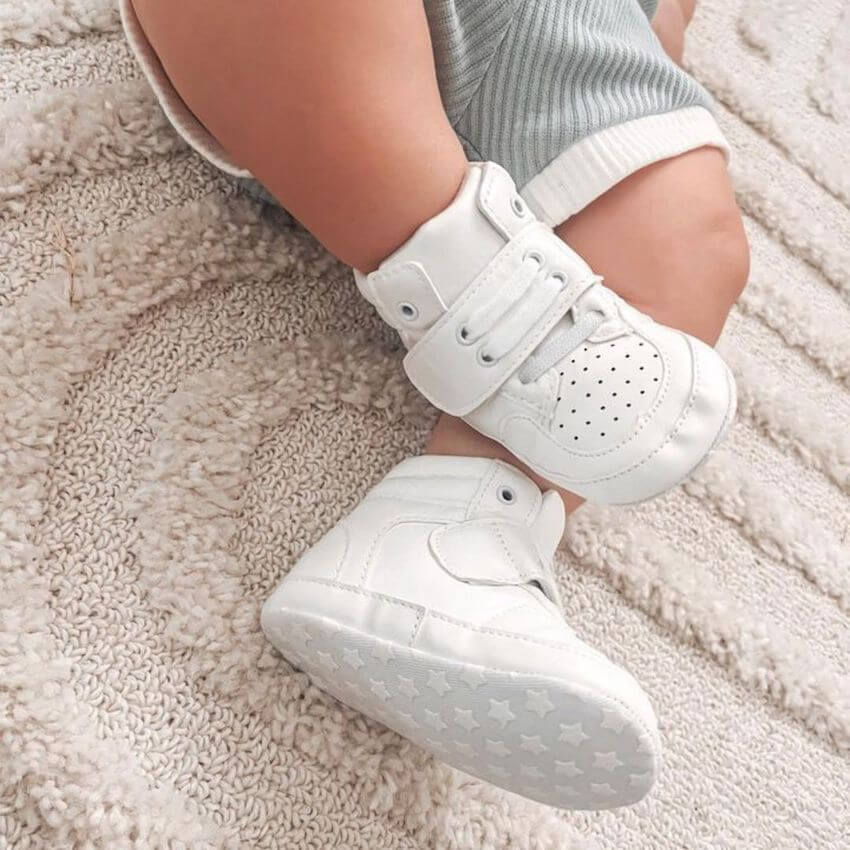 Baby wearing High Top Sneakers White | Stylish Faux Leather Baby Shoes - Lulu Babe