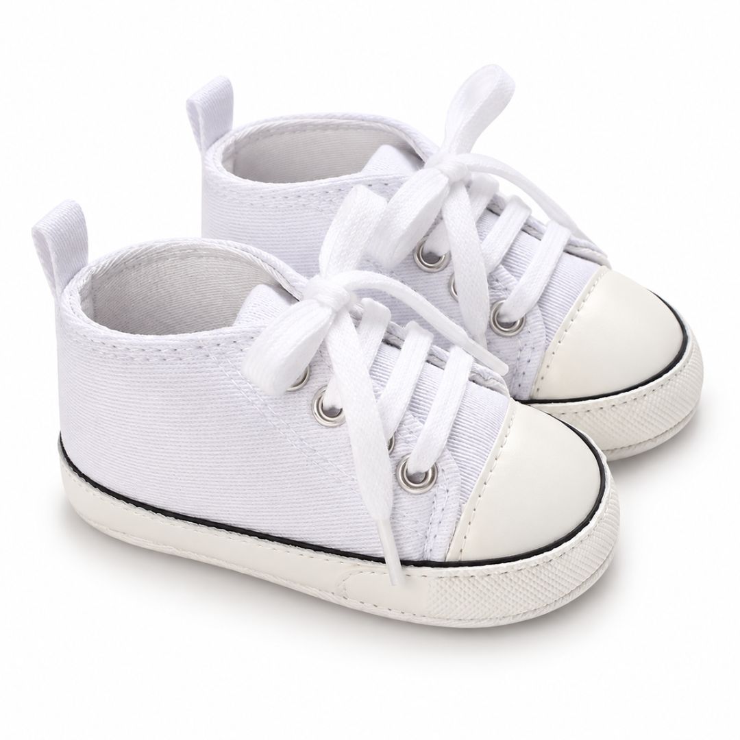 White lace-up canvas high-top baby sneakers