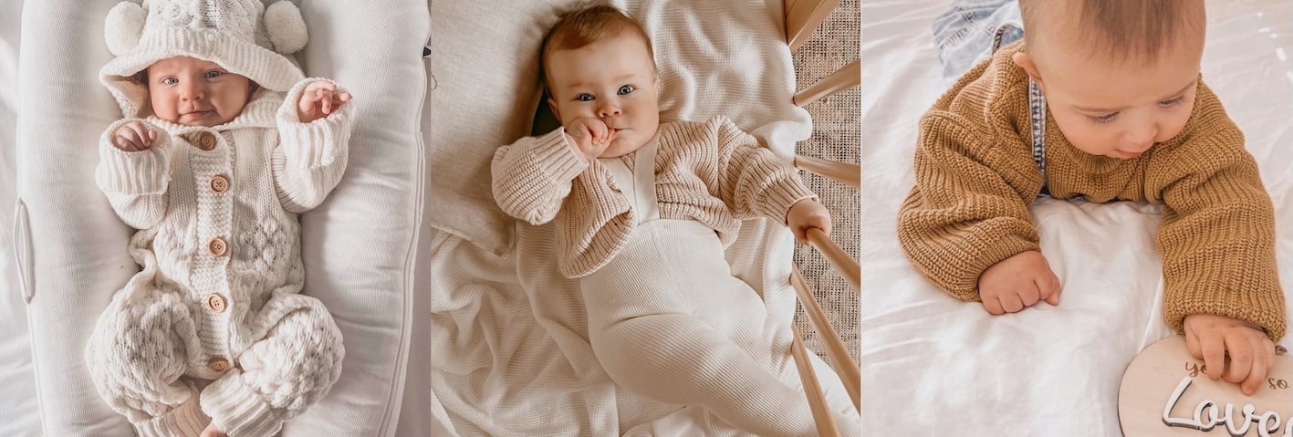 Three babies in warm, knitted winter baby clothes from Lulu Babe, showcasing cozy rompers, jumpers & winter outfits.
