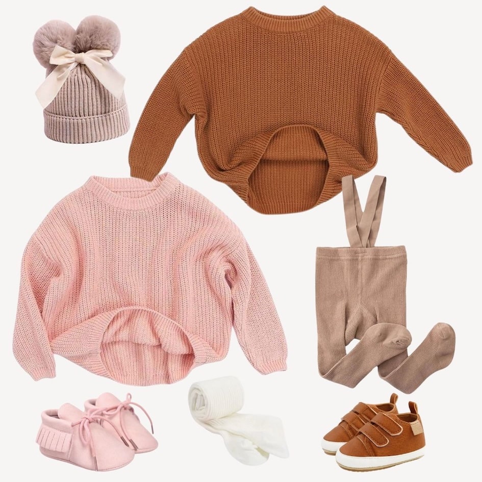 Cosy winter baby clothes - knit jumpers, tights and beanies in gorgeous neutrals