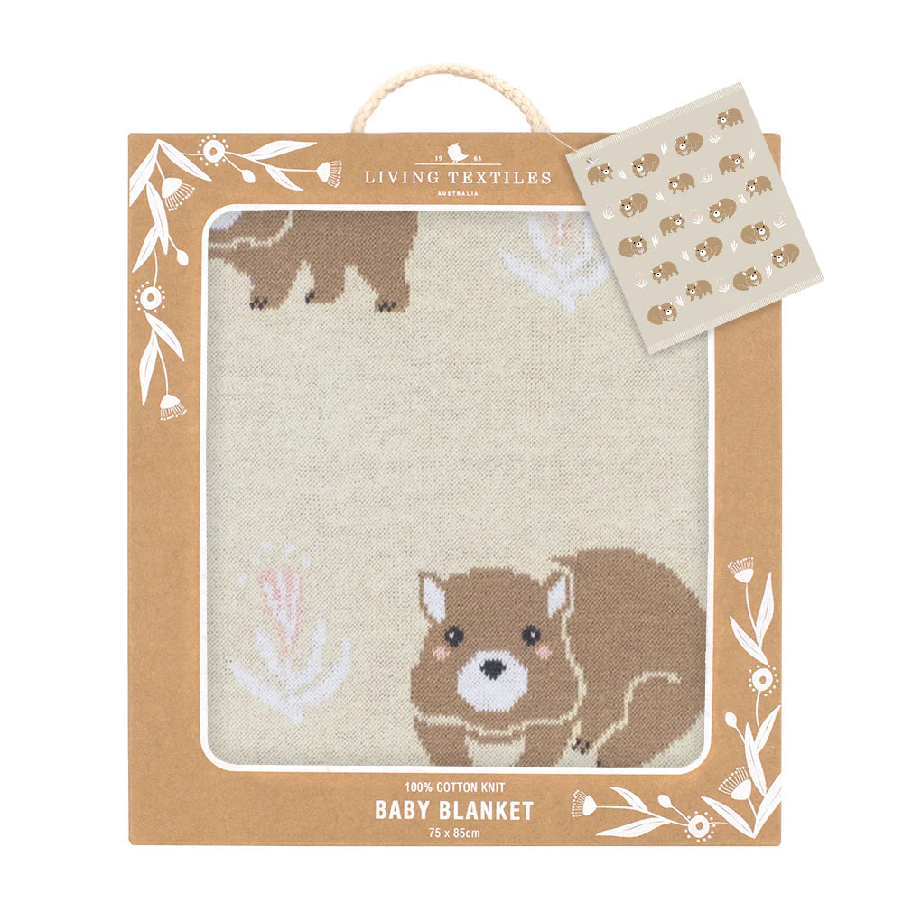 Wombat baby blanket in packaging, 100% cotton knit, ideal newborn pram blanket with adorable wombat design.