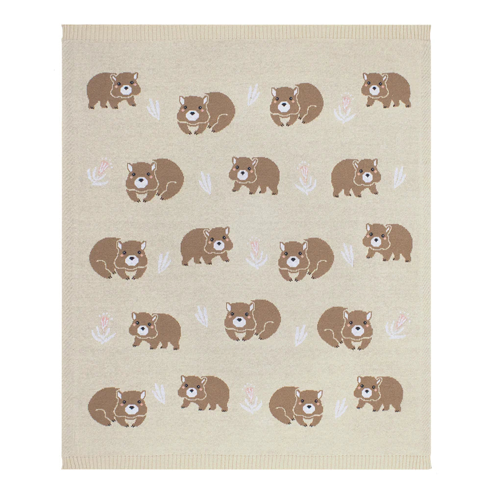 Wombat baby blanket featuring an adorable knitted design, perfect newborn gift.