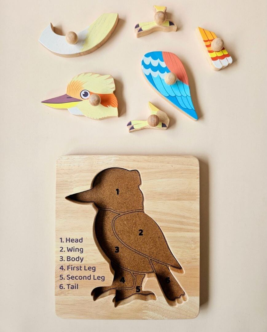 Kookaburra knob puzzle pieces laid out beside the empty board with numbered cut-outs and a parts key
