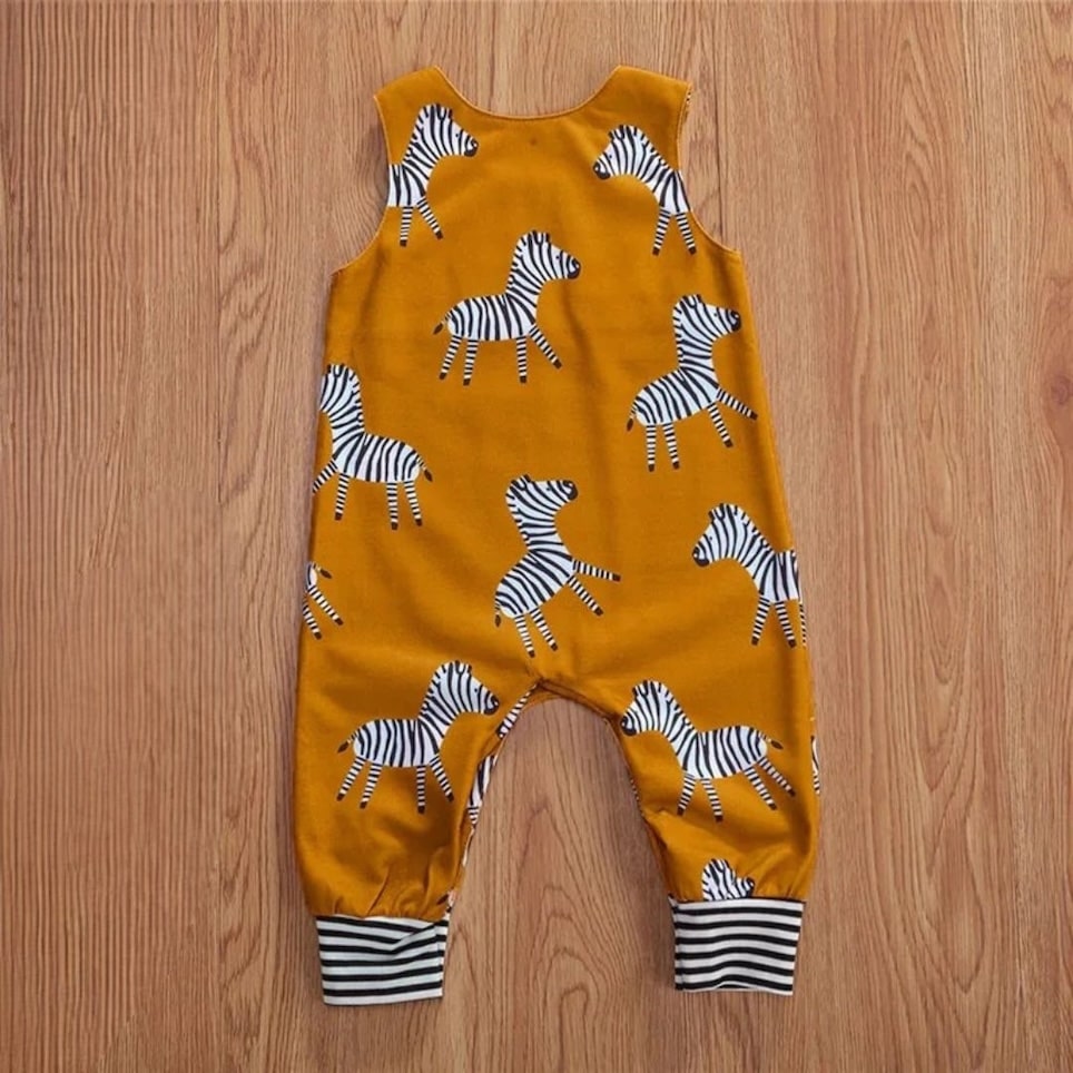 Back view of mustard zebra onesie for babies and toddlers, with sleeveless cut and striped cuffs