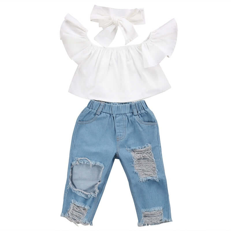 Skye Denim Toddler Set | Blue Jeans &amp; White Off Shoulder Top for Girls - Lulu Babe