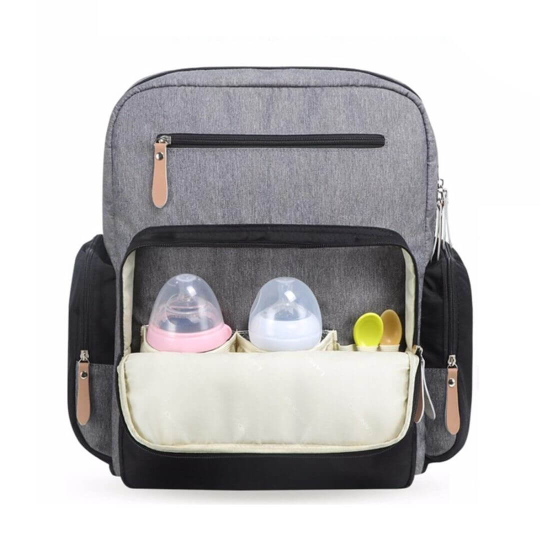 LAND Nappy Bag in grey and black - view showing front bottle pockets (46032605-grey-black)