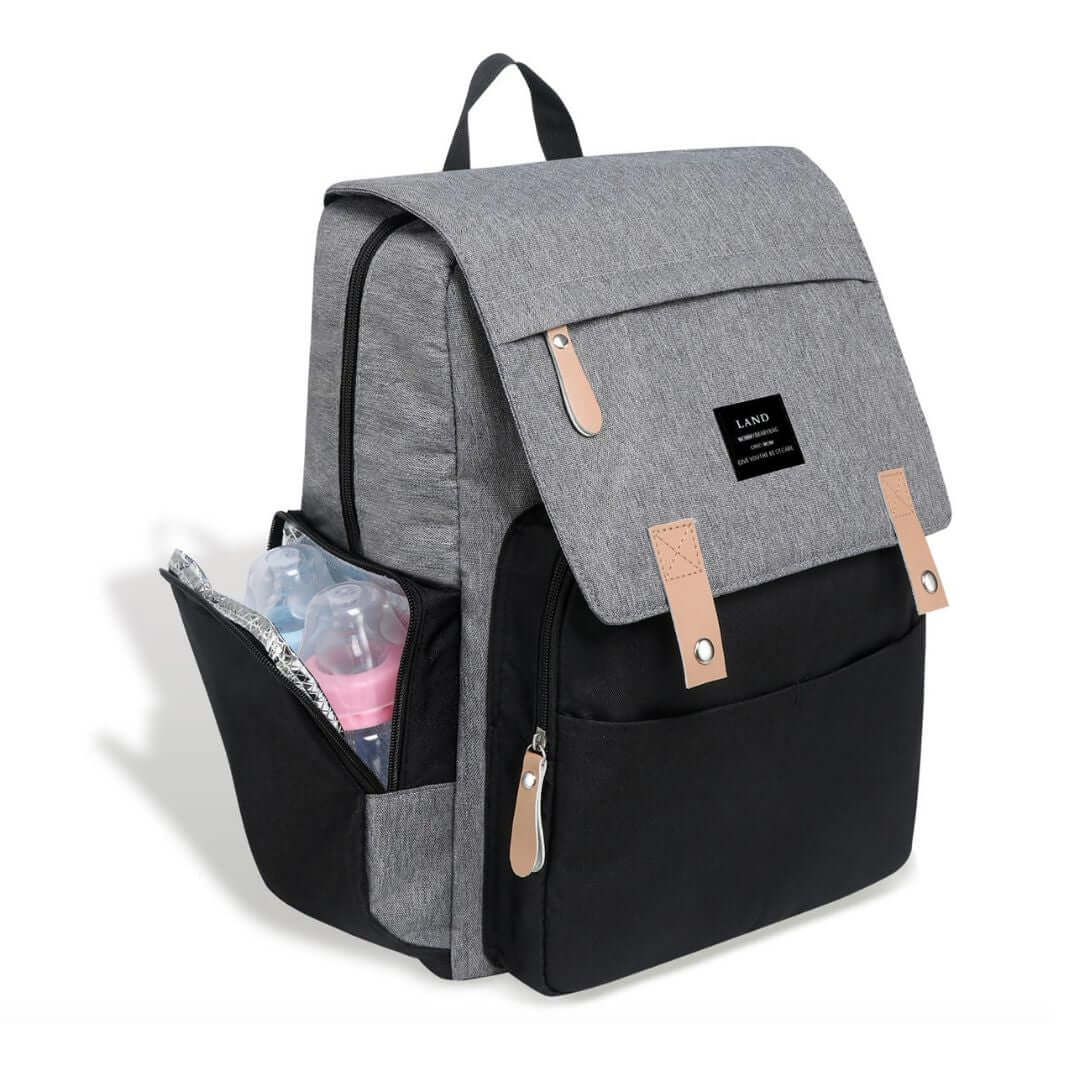 LAND Nappy bag in grey and black with side insulated pockets